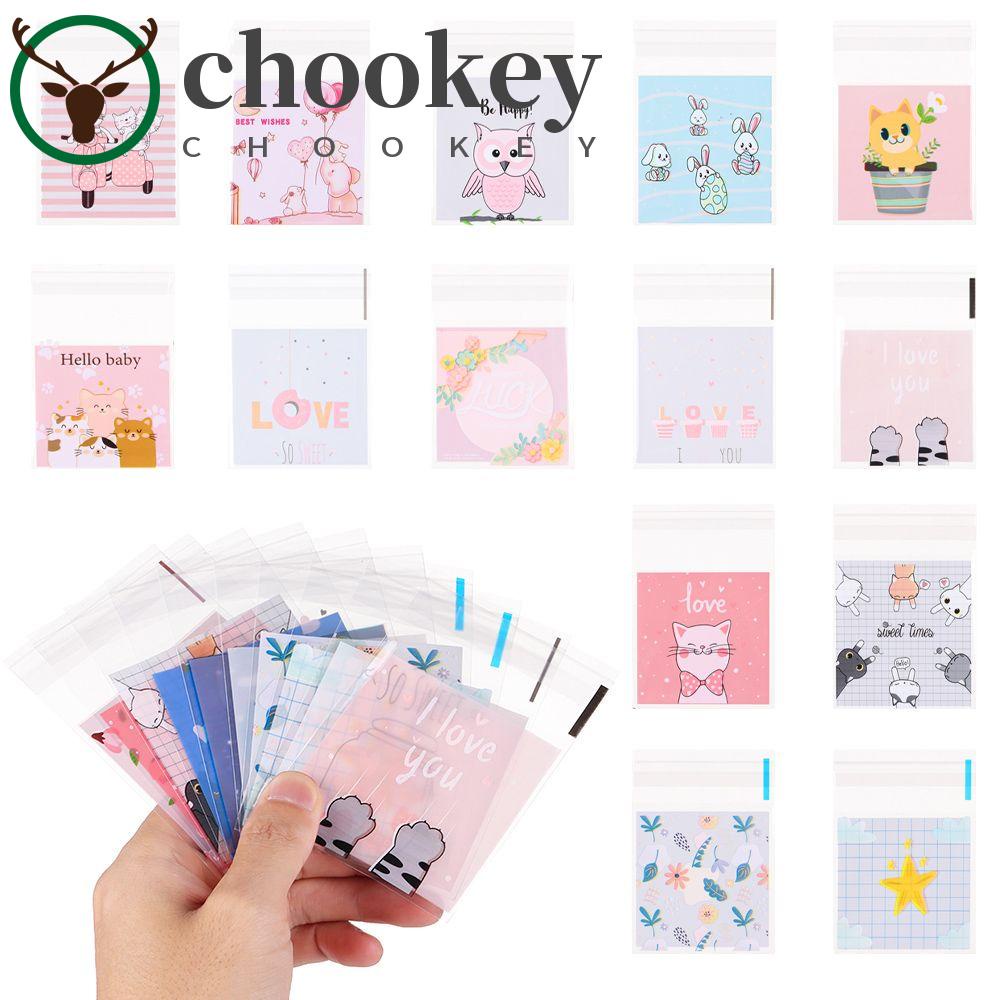 Set 100 túi nhựa đựng quà bánh kẹo tự dính họa tiết dễ thương cỡ 7x7cm