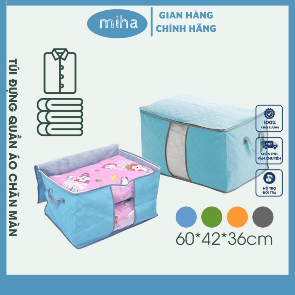 [Túi Vuông - Xanh, Xám] Túi Vải Đựng Quần Áo Chăn Màn Mền BIG SIZE 60cm Loại 1, Đựng Đồ Cỡ Lớn Dáng Ngang Đa Năng