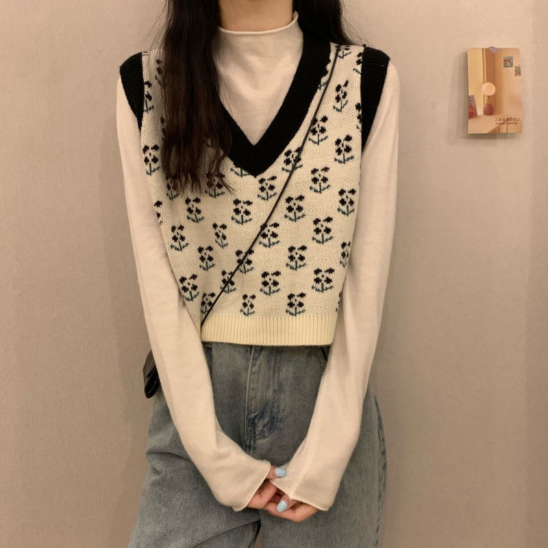 Áo gi lê dệt kim không tay nữ áo len cổ chữ V phối bên ngoài kiểu Nhật mùa xuân thu