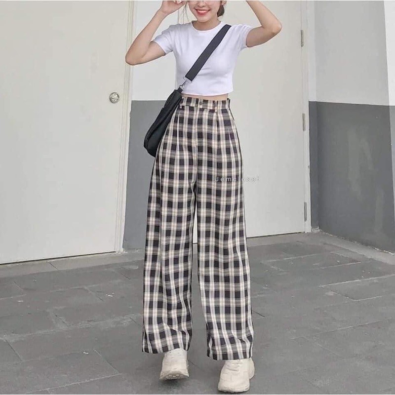 Set áo croptop mix quần caro ống suông [ hàng có sẵn ] | BigBuy360 - bigbuy360.vn