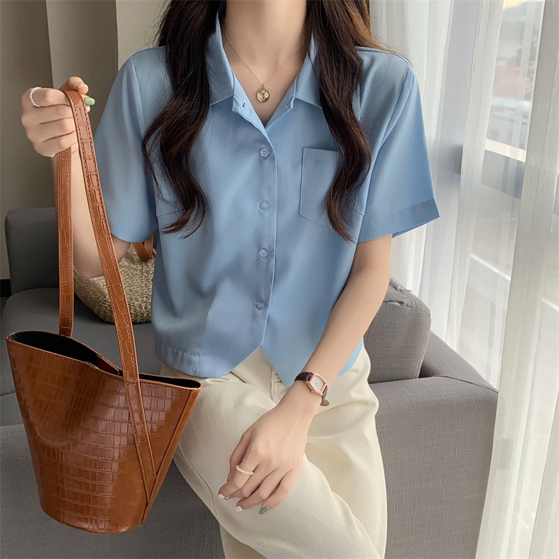 Áo sơ mi SUXI tay ngắn dáng rộng màu trơn thời trang mùa hè phong cách Hàn Quốc