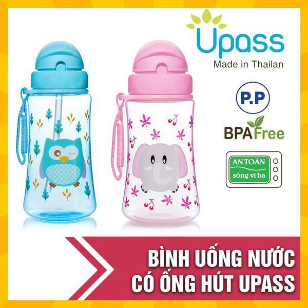 Bình uống nước Bé trai, gái Silicon Upass Thái Lan 300ml có ống hút, dây đeo tiện lợi hàng chính hãng UP0090NH