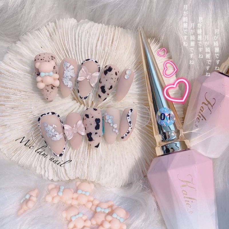 Nailbox Nuna móng úp thiết kế móng tay đính gấu nơ màu nude pastel