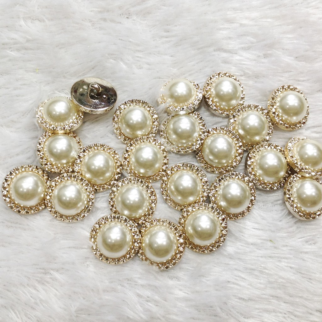 Cúc áo dạ hạt trai viền vàng nút khoác tweed kem đính kết trang phục nhiều size