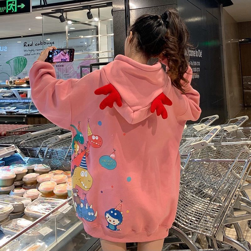 Áo Hoodie lót nhung form rộng phong cách Hàn Quốc cho nữ