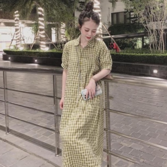Váy sơ mi nữ dáng dài NHẬT LINH đầm suông nữ kẻ caro hồng sang chảnh hottrend xinh xắn - V151