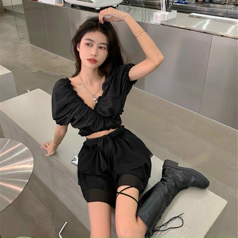 Hàng mới áo croptop bèo nhún tay ngắn cột nơ eo