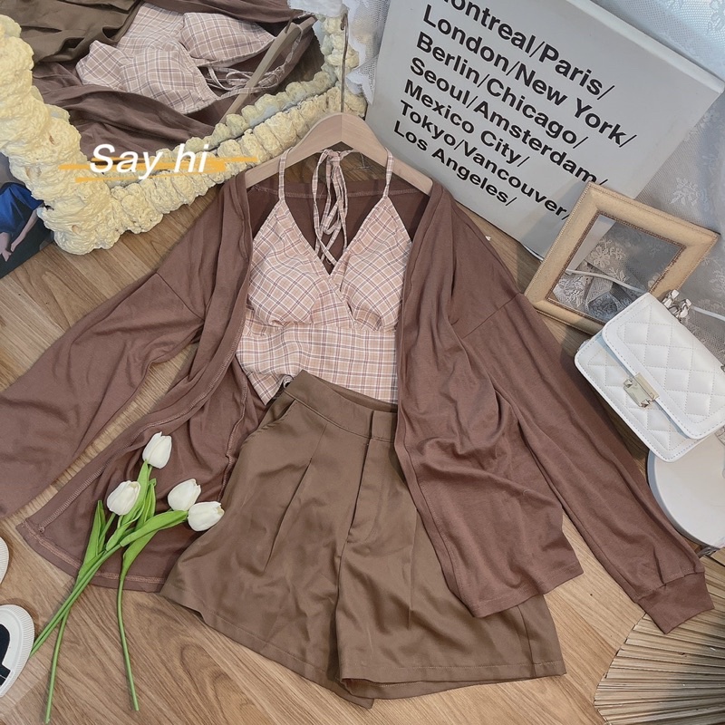 Set nâu 3 món kèm bra quần short VIBES