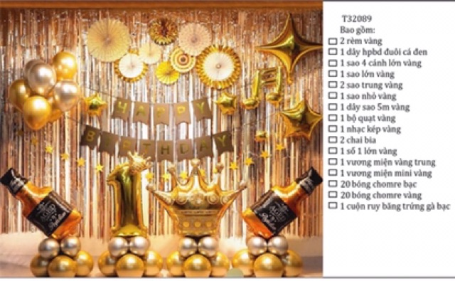 SET SINH NHẬT BÓNG MÀU VÀNG GOLD ( kèm bơm tay và băng keo)