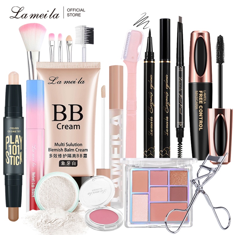 LAMEILA bộ trang điểm 13 sản phẩm Son môi+Mascara+kẻ mắt+Bàn chải trang điểm+Chất lỏng concealer+Lông mi clip+Lông mày dao