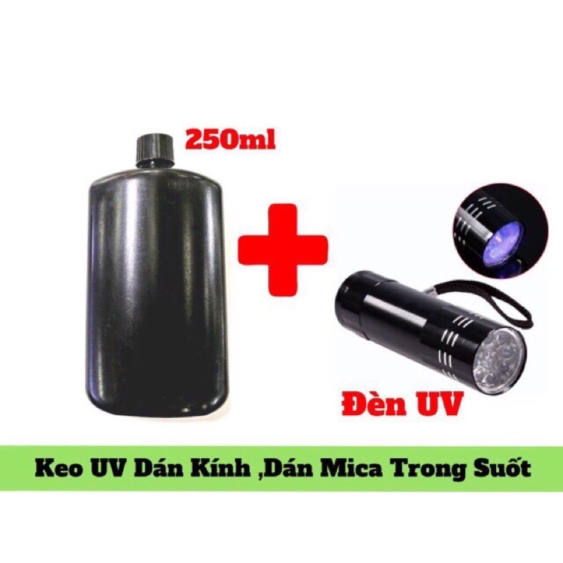 Combo Bộ Keo UV Dán Móc Khoá Mica 250ml + Kèm Đèn Pin UV sấy keo