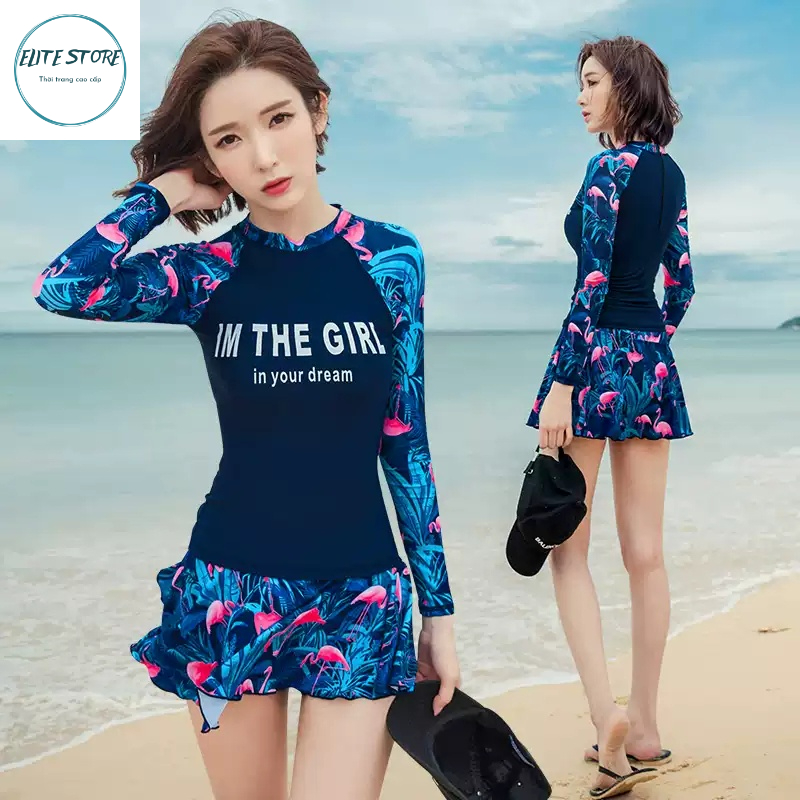 Bộ Bơi Nữ dài tay| Bikini đi biển có khóa lưng kèm đệm ngực, quần liền váy 2 lớp kín đáo
