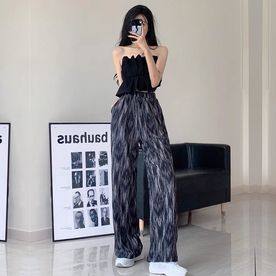 Happy-store 💋 quần đen nữ ống rộng Lưng Thun In Họa Tiết Hoạt Hình Cá Tính Phong