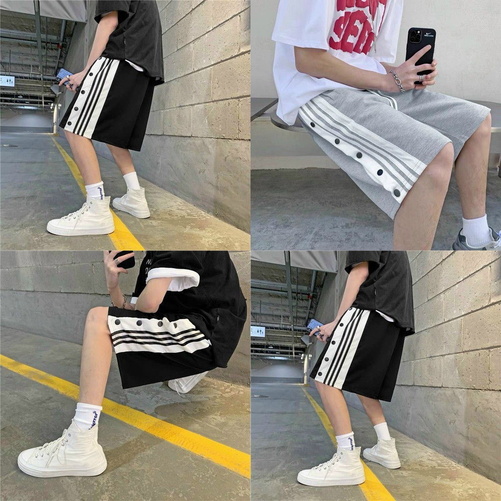 Quần Short Thun Da Cá Kẻ Sọc Nam Nữ Nút Bấm Unisex Streetstyle