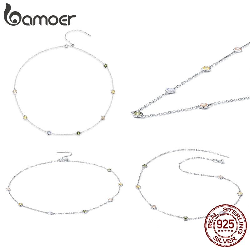 Dây chuyền BAMOER bạc 925 mặt thủy tinh tròn 7 màu sắc có thể điều chỉnh thời trang cho nữ