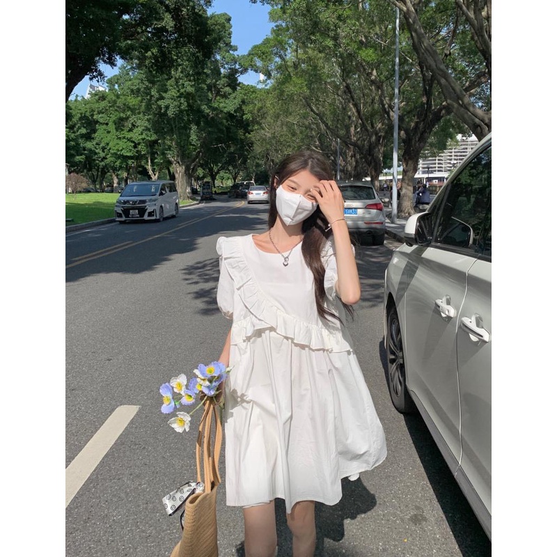 [Ảnh thật/Sẵn] Váy babydoll viền bèo vai chéo ngực dáng xòe tay bồng ulzzang