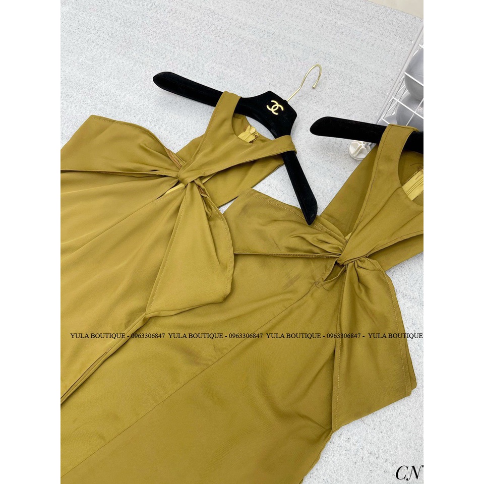 Đầm maxi cổ yếm xanh rêu, váy cổ yếm nơ ngực hàng loại 1 ( ảnh thật)