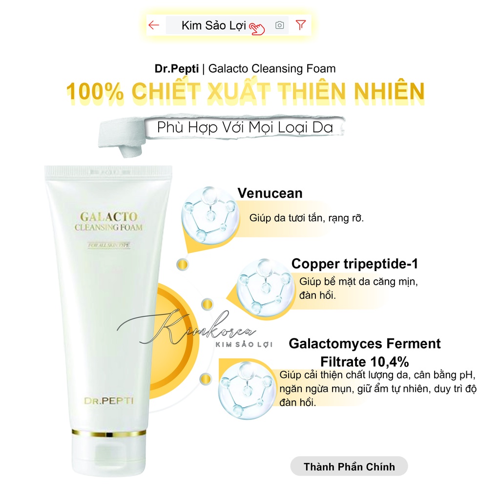 Sữa rửa mặt Dr pepti dưỡng trắng cấp ẩm căng bóng chống lão hóa không nhờn rít không khô da Galacto Cleansing Foam
