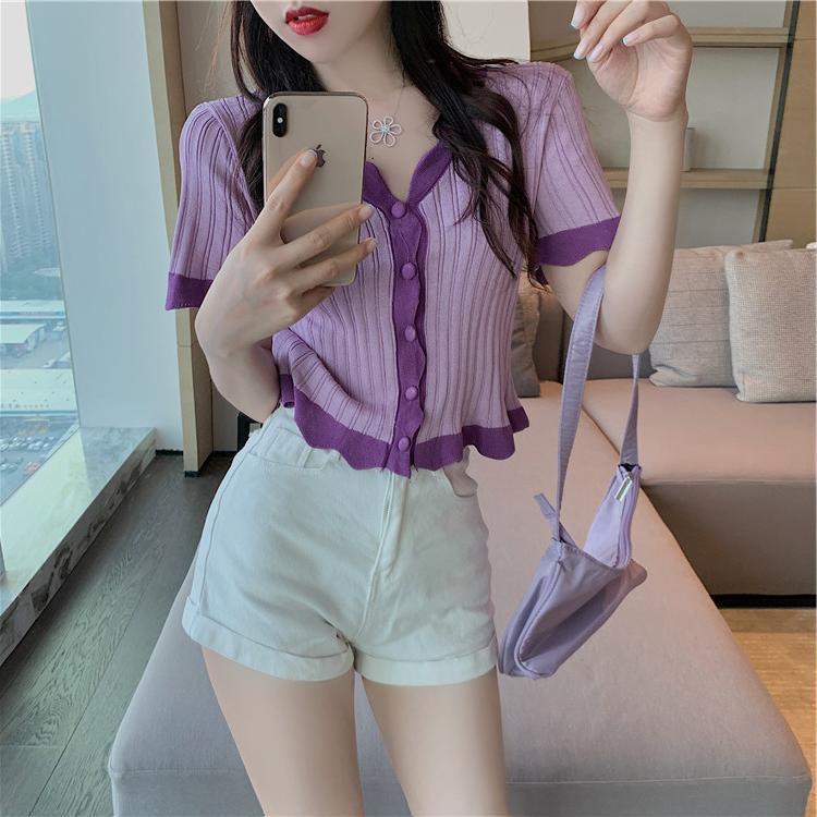 Áo Thun Dệt Kim Tay Ngắn Cổ Chữ v Dễ Phối Đồ Thời Trang Cho Nữ  tao bao
