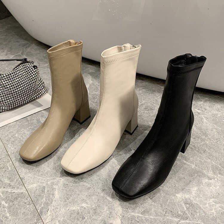 Giày Bốt - Boots trơn, mõm vuông, cổ lửng