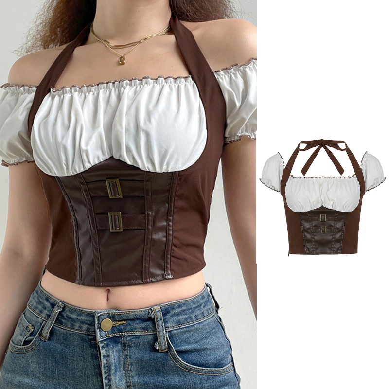 Áo Croptop 2 Mảnh Tay Ngắn Cổ Vuông Phong Cách Cổ Điển Thời Trang Quyến Rũ Cho Nữ