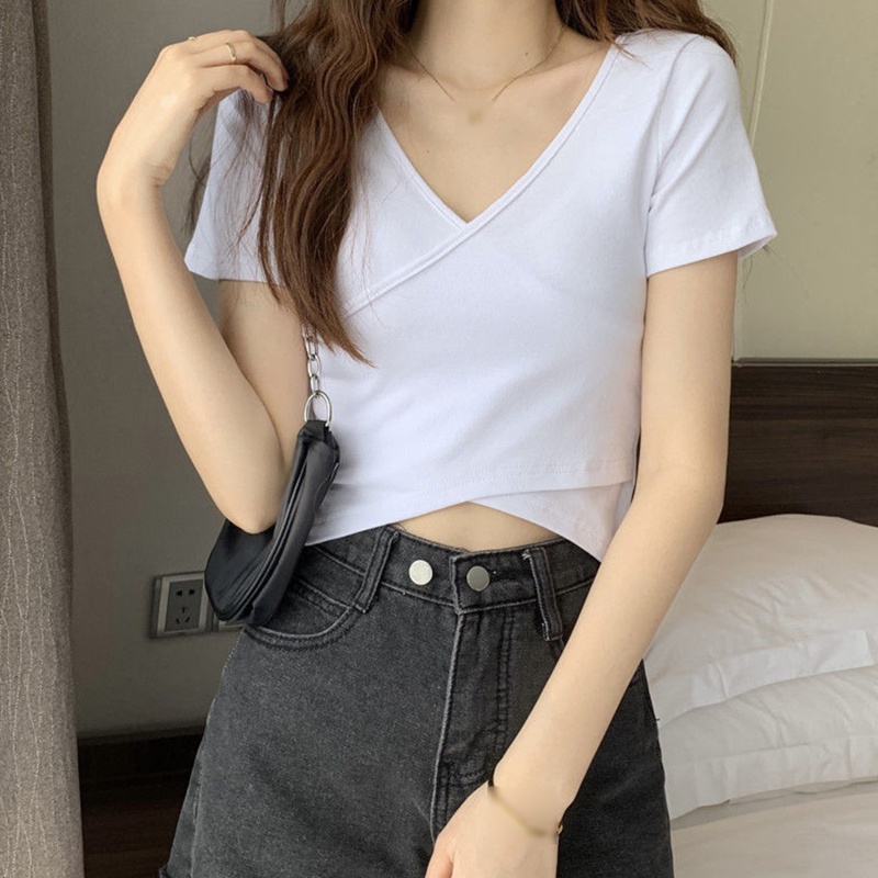 Áo Thun Lửng Ngắn Tay Cổ V Sâu Phong Cách Quyến Rũ Dành Cho Nữ