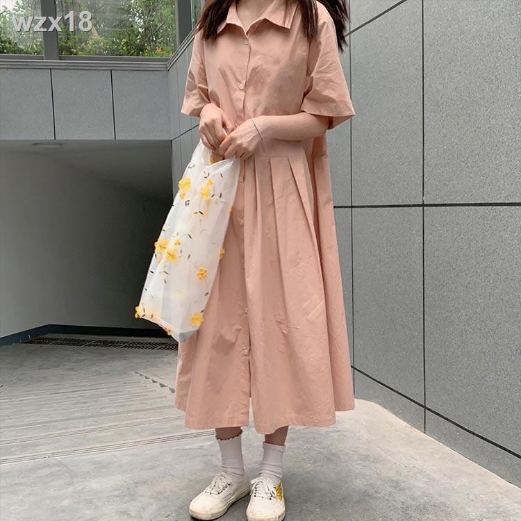 Đại học Nhật Bản phong cách xếp ly cổ áo sơ mi màu hồng lỏng tay ngắn nhỏ tươi mới váy mỏng