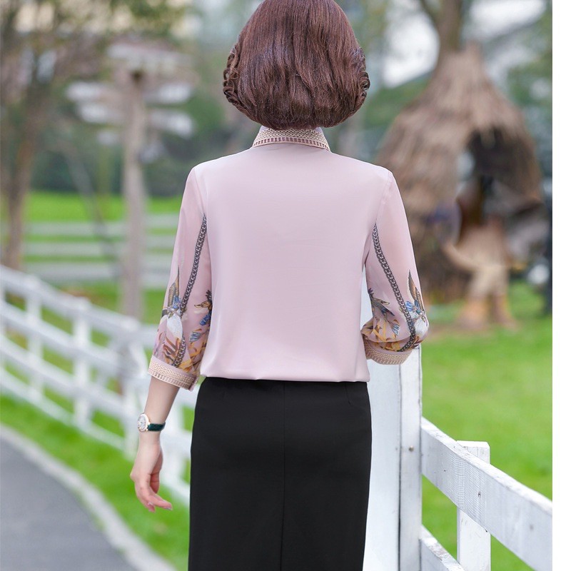 Áo sơ mi lụa cao cấp tay phối họa tiết_ áo kiểu trung niên nữ sang trọng thanh lịch món quà tặng cho bà và mẹ