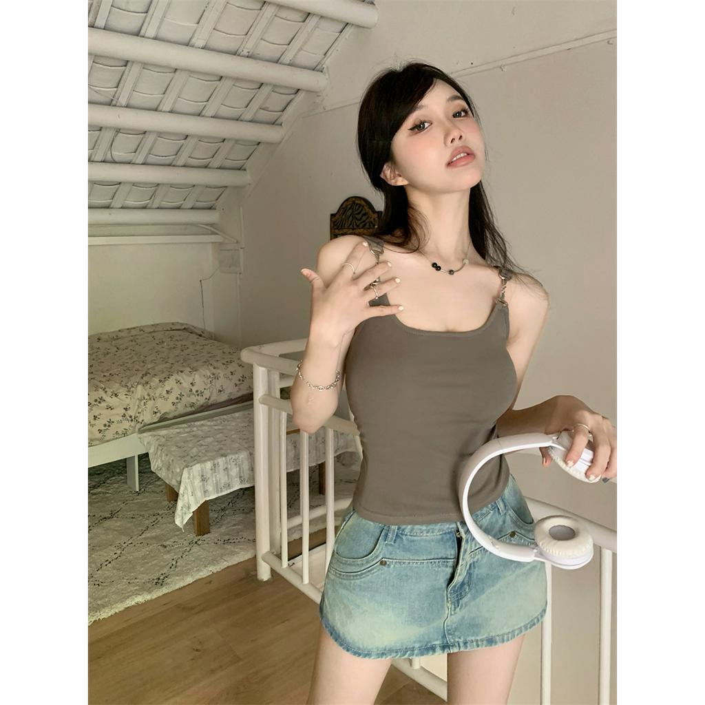 「 WELOVE1 」Áo Tank Top Hai Dây Phối Khóa Kim Loại Màu Trơn Phong Cách Hàn Quốc Thời Trang Mùa Hè Dành Cho Nữ