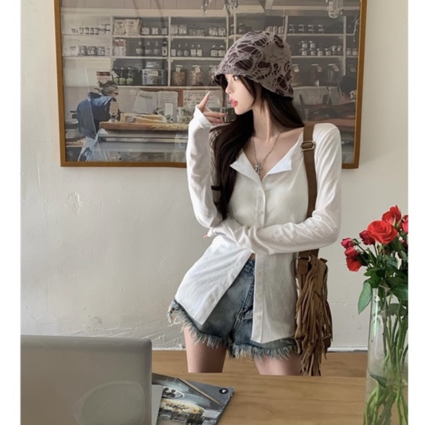 Porozi  Áo tay dài cổ chữ v màu sắc đơn giản cho nữ