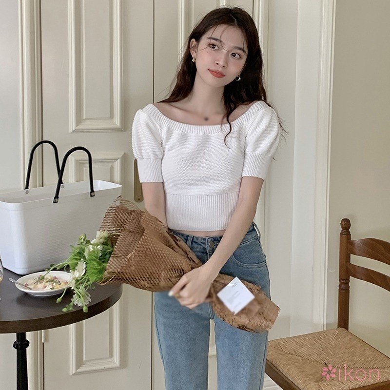 Áo Dệt Kim Trễ Vai Ngắn Tay Màu Sắc Tương Phản Ngọt Ngào Cho Nữ