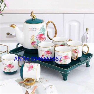 Bộ ấm chén kèm khay sứ có chân pha trà cà phê màu xanh trắng họa tiết cây nấm đỏ  lá kim - ANTH
