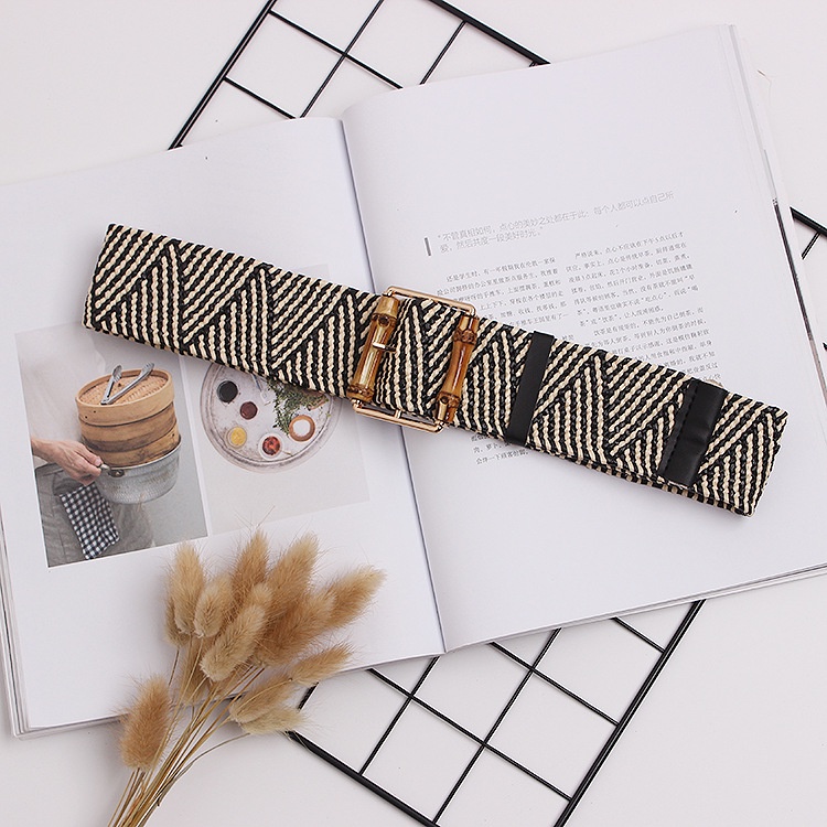 OFF WHITE Thắt Lưng Dệt Kim Tre Co Giãn Thương Hiệu Thời Trang Bohemian Dệt Kim Khóa Cài Màu Trắng Chất Lượng Cao Cho Nữ