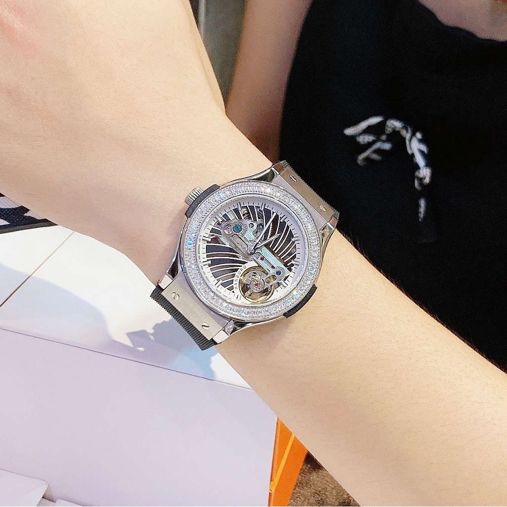Đồng Hồ Nữ Hanboro Automatic Dây Silicon Đen Silver Authentic 36mm
