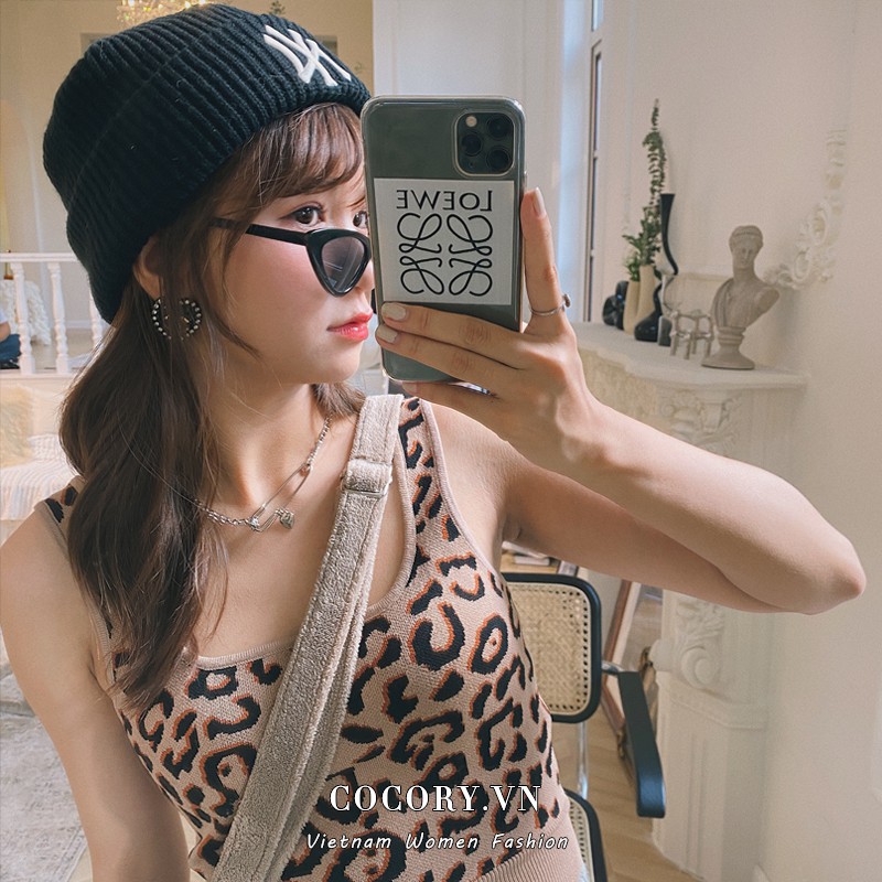 Cocory vn  Áo Croptop Dệt Kim Hai Dây Hoạ Tiết Da Báo Thiết Kế Quyến Rũ