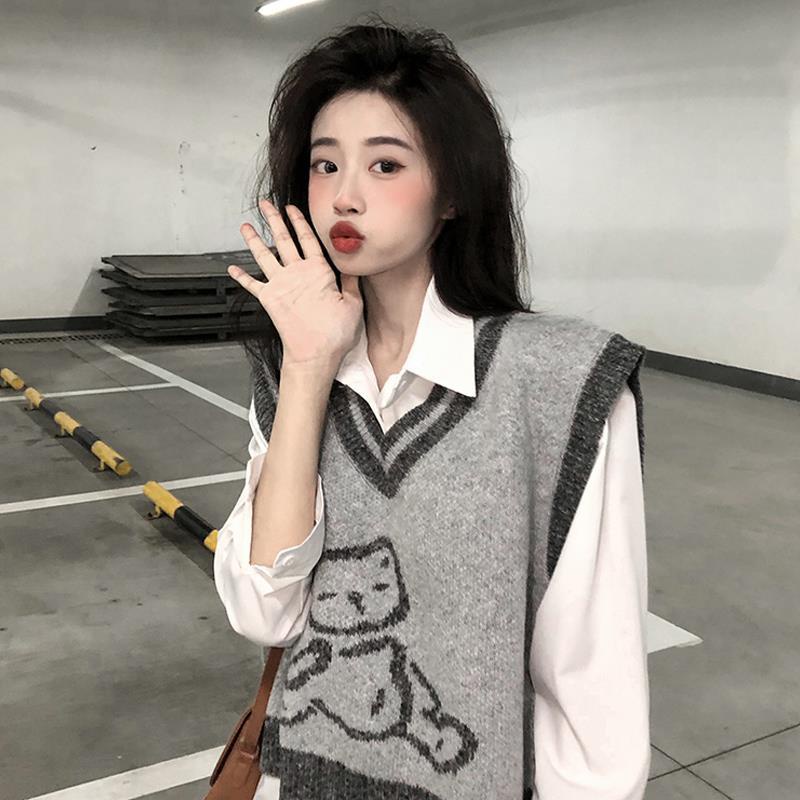 Áo Dệt Kim Sát Nách Dáng Rộng Màu Xám Thời Trang Cho Học Sinh