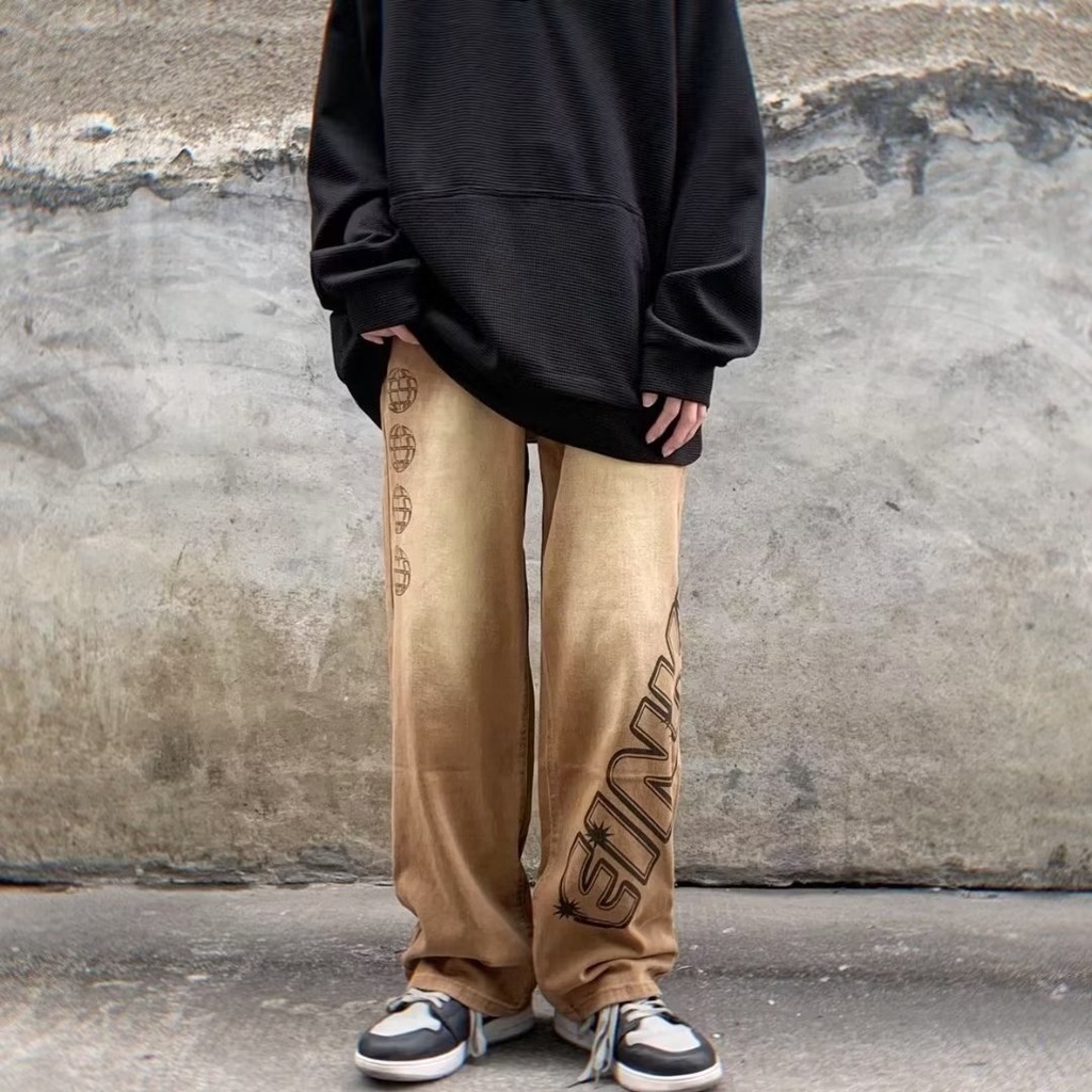 Quần jeans Dài Dáng Rộng In Chữ Phong Cách Thời Trang Nhật Bản Cho Nam Giới Có size Lớn S-3XL