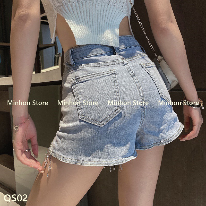 [Freeship] Quần Short Jean Nữ Đính Đá Gấu Tua Rua Quyến Rũ (Minhon Store QS02)