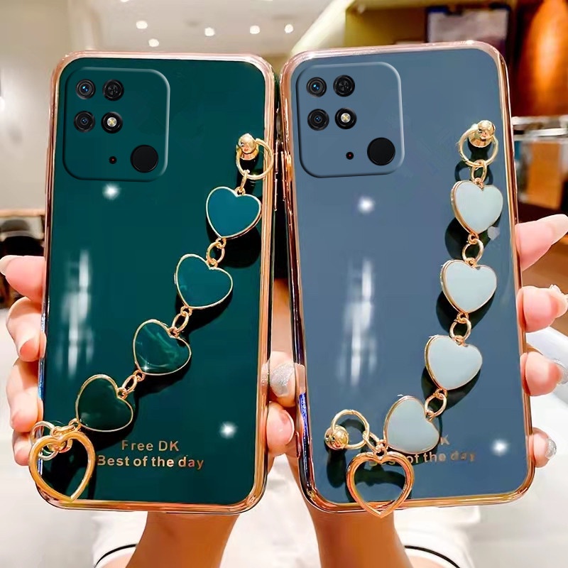 Ốp Điện Thoại Dẻo Mạ 6D Kèm Dây Đeo Tay Hình Trái Tim Cho Xiaomi Redmi 10C Note 11 11S 11T Pro POCO X4 M4 Pro 4G 5G