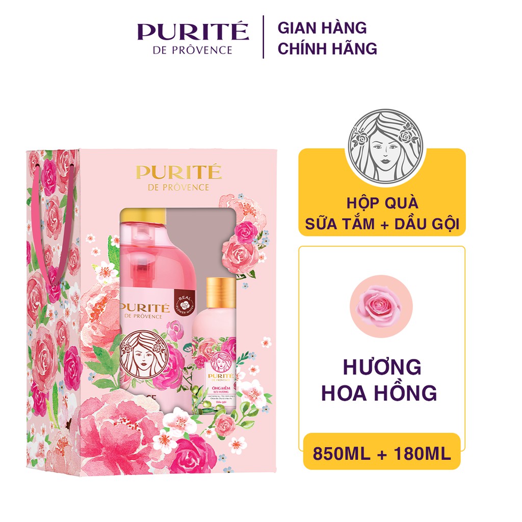 Hộp Quà Purité Sữa Tắm Hoa Hồng 850ml + Dầu Gội Hoa Hồng 180ml