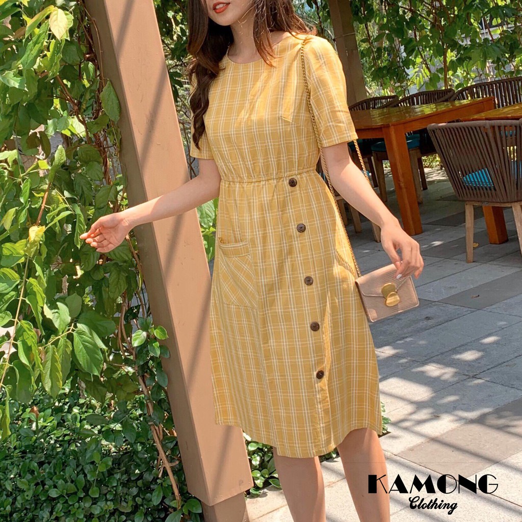 [HÌNH THẬT] Đầm maxi caro đính nút dừa (Vàng)