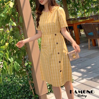 Đầm maxi caro đính nút dừa