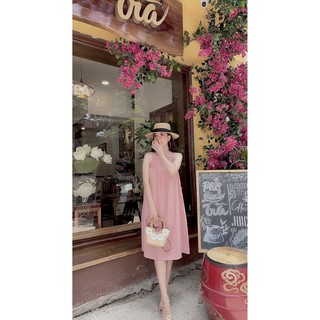 đầm maxi cổ yếm thắt eo nhúm ngực chất đũi