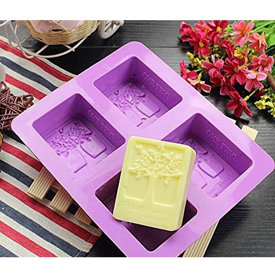 Khuôn silicon làm xà bông hình chữ nhật họa tiết cây với 4 ngăn chứa hữu dụng