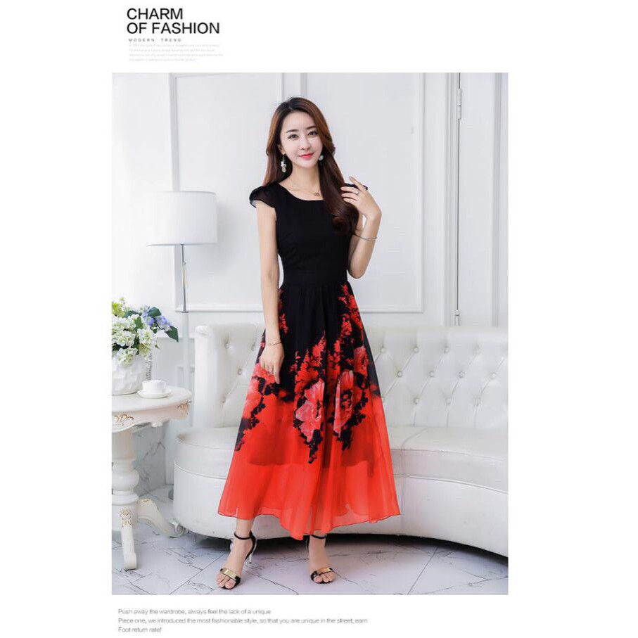 Đầm maxi hoa cổ tròn sang chảnh QC