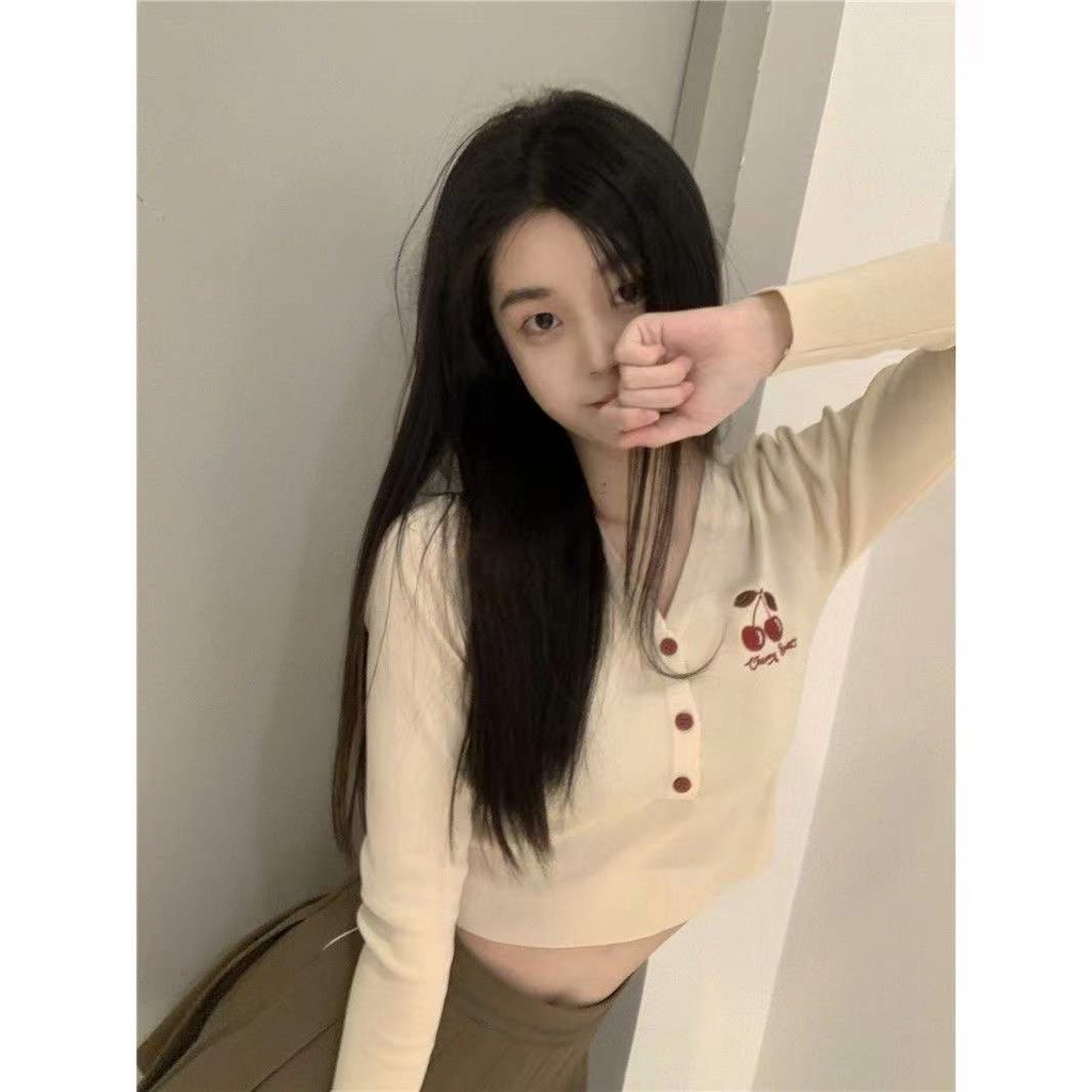 Áo Cardigan Cổ Chữ V Dáng Ngắn Màu Trơn In Họa Tiết Cherry Thời Trang Xinh Xắn Cho Nữ