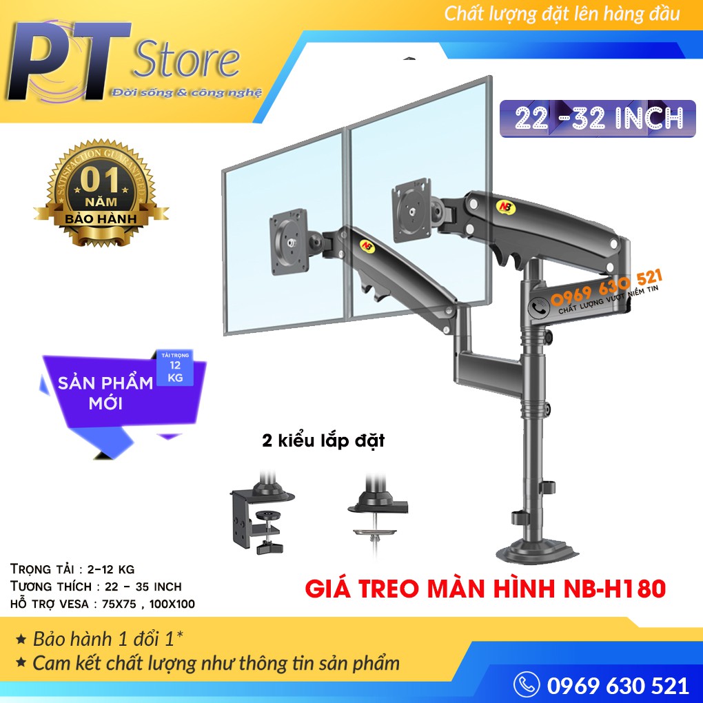 [Xếp Màn Trên Dưới] Giá Treo 2 Màn Hình - Model : NB H180 22-32 Inch New 2021 Gắn Bàn Xoay 360 Độ