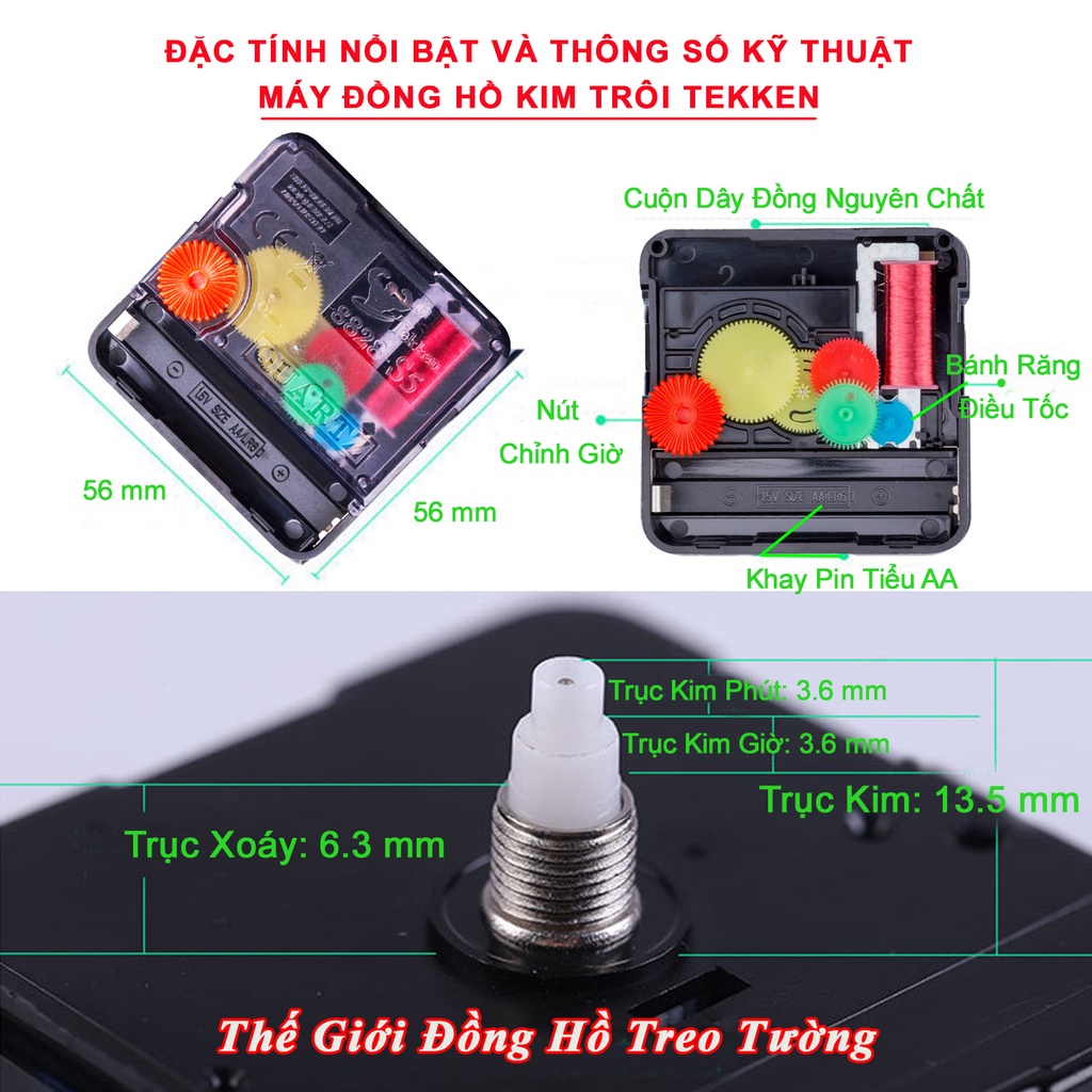 Máy Đồng Hồ Treo Tường KIM TRÔI Cao Cấp TEKKEN - Bộ Kim DẠ QUANG - Tặng Pin Maxell - Bảo Hành 2 Năm