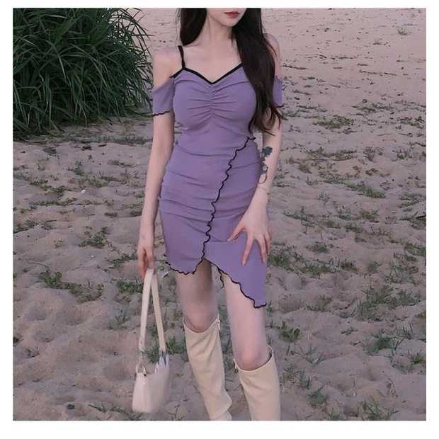 Đầm Hai Dây Trễ Vai Màu Tím Phong Cách Pháp Quyến Rũ