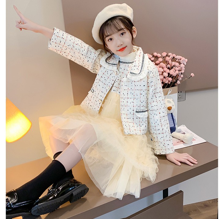 Váy thu đông bé gái chất dạ phối ren tầng xinh xắn tặng kèm áo khoác siêu đẹp size 14-32kg [SV07]